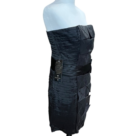 BEBE Mini Dress Size Medium Black Silk NWT Pleated Strapless Party Cocktail LBD - Picture 3 of 12